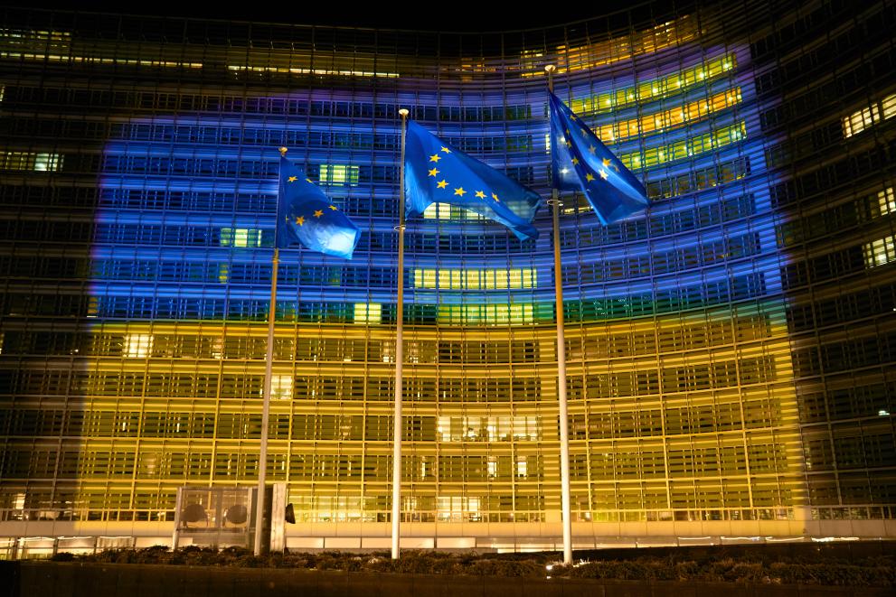 Berlaymont building illuminated in blue and yellow in support of Ukraine