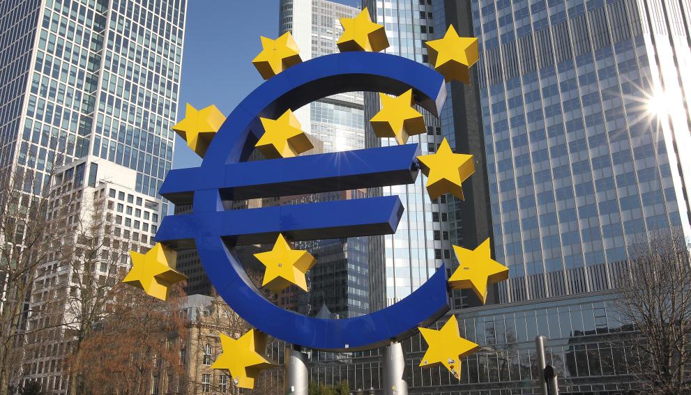 German artist Ottmar Hörl sculpture depicting the Euro logo in front of former headquarter of the European Central Bank (ECB).