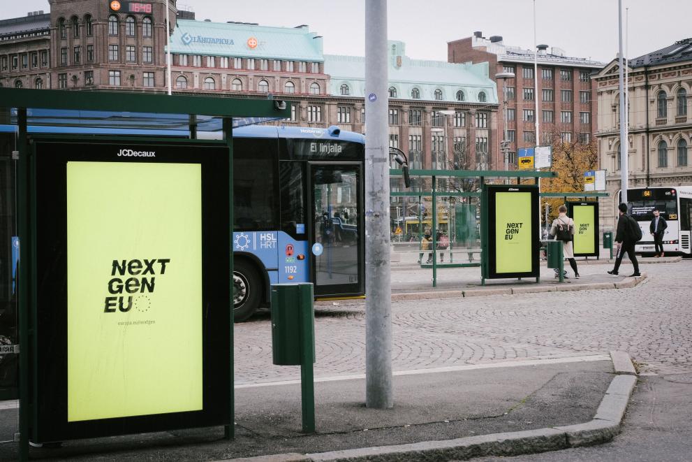 NextGenerationEU posters in Helsinki city centre.