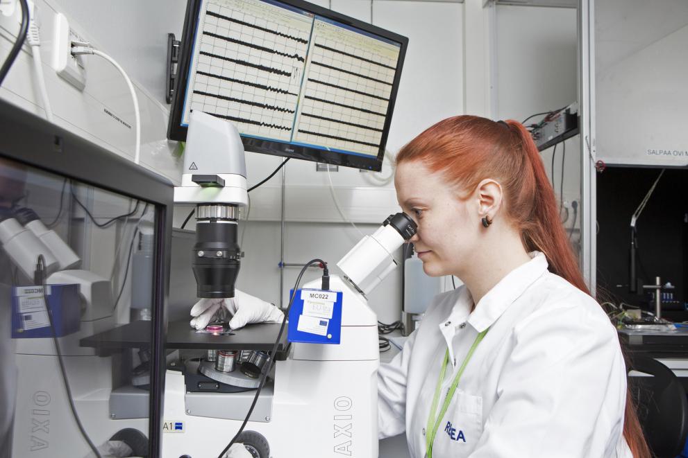 Eine Wissenschaftlerin schaut in einem Labor in ein Mikroskop.